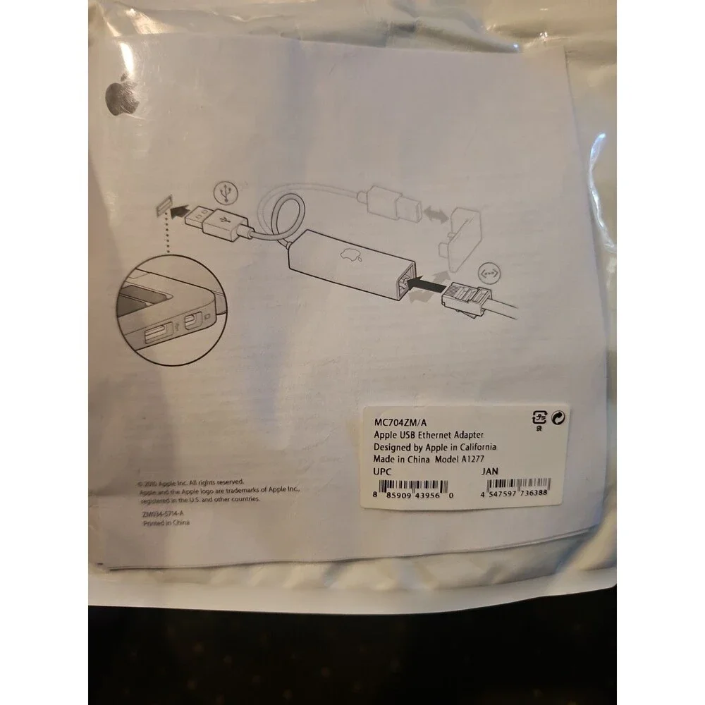 Apple USB Ethernet Adapter MC704ZM/4 RJ45 Genuine OEM New Sealed